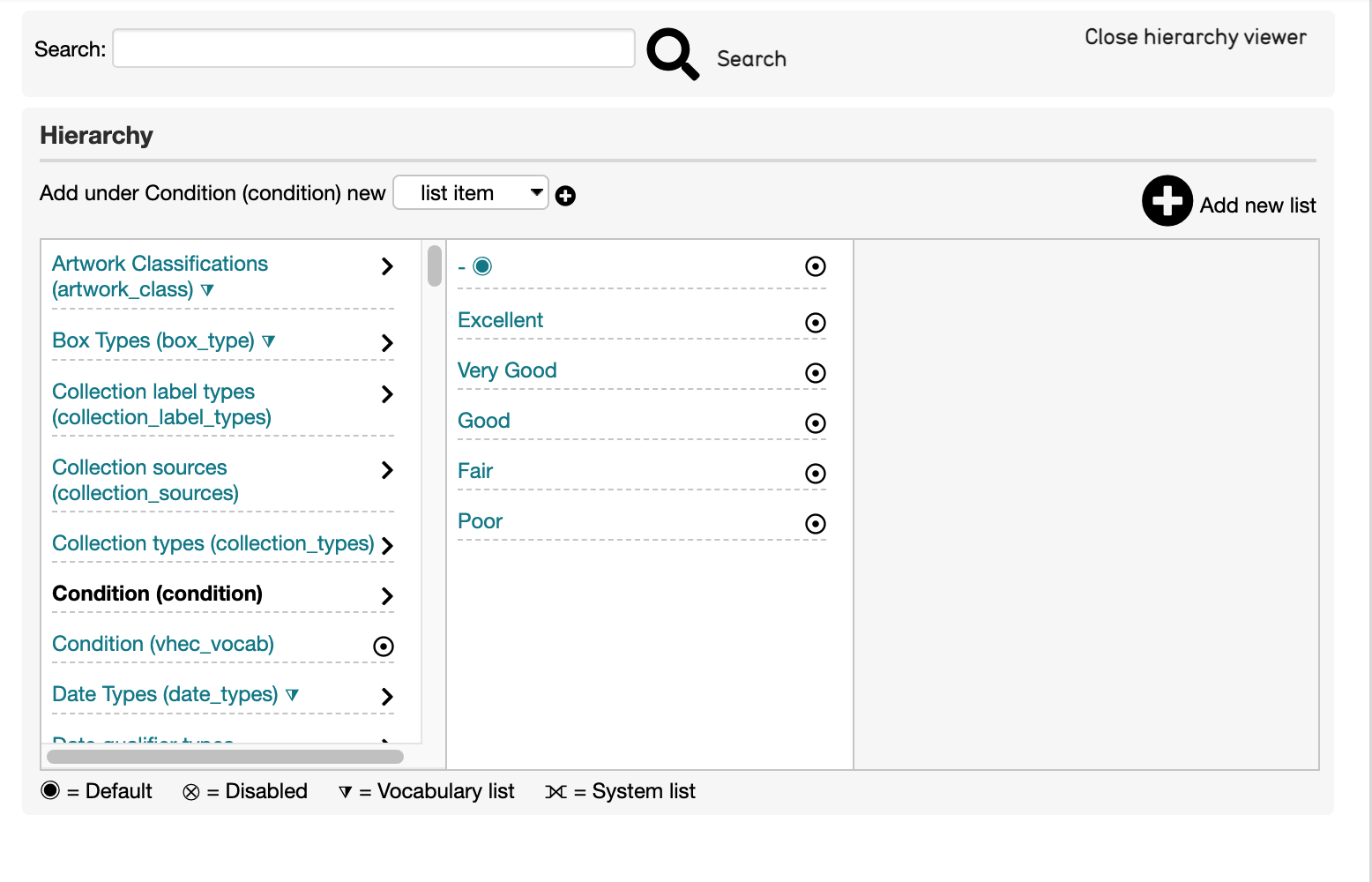 A screenshot showing the lists and vocabularies hierarchy screen, with the list the condition status is generated from