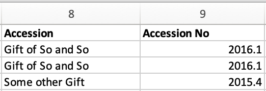 snippet of a screenshot of the sample import data, showing 3 rows of column 8 (Accession) and column 9 (Accession no)
