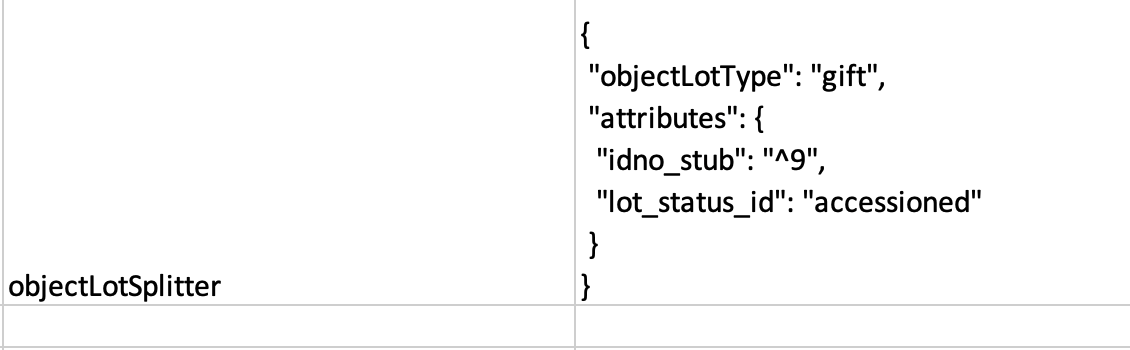 snippet of sample import mapping spreadsheet showing the objectLotSplitter refinery and its parameters