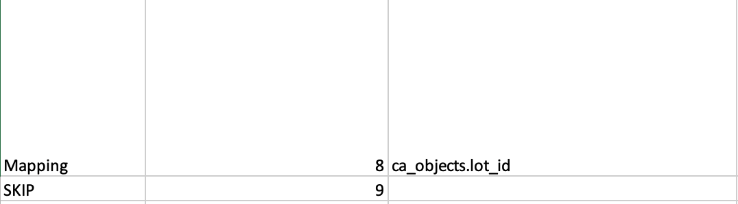 snippet of sample import mapping spreadsheet showing the object lot mapping target &quot;ca_objects.lot_id&quot;
